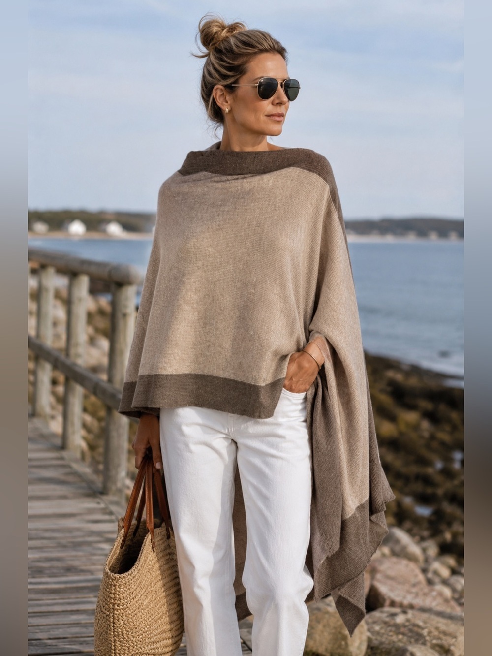Taupe & Cream Women's Knit asymmetrical wrap/poncho